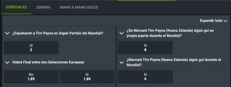 Codere Tim Payne cuotas especiales